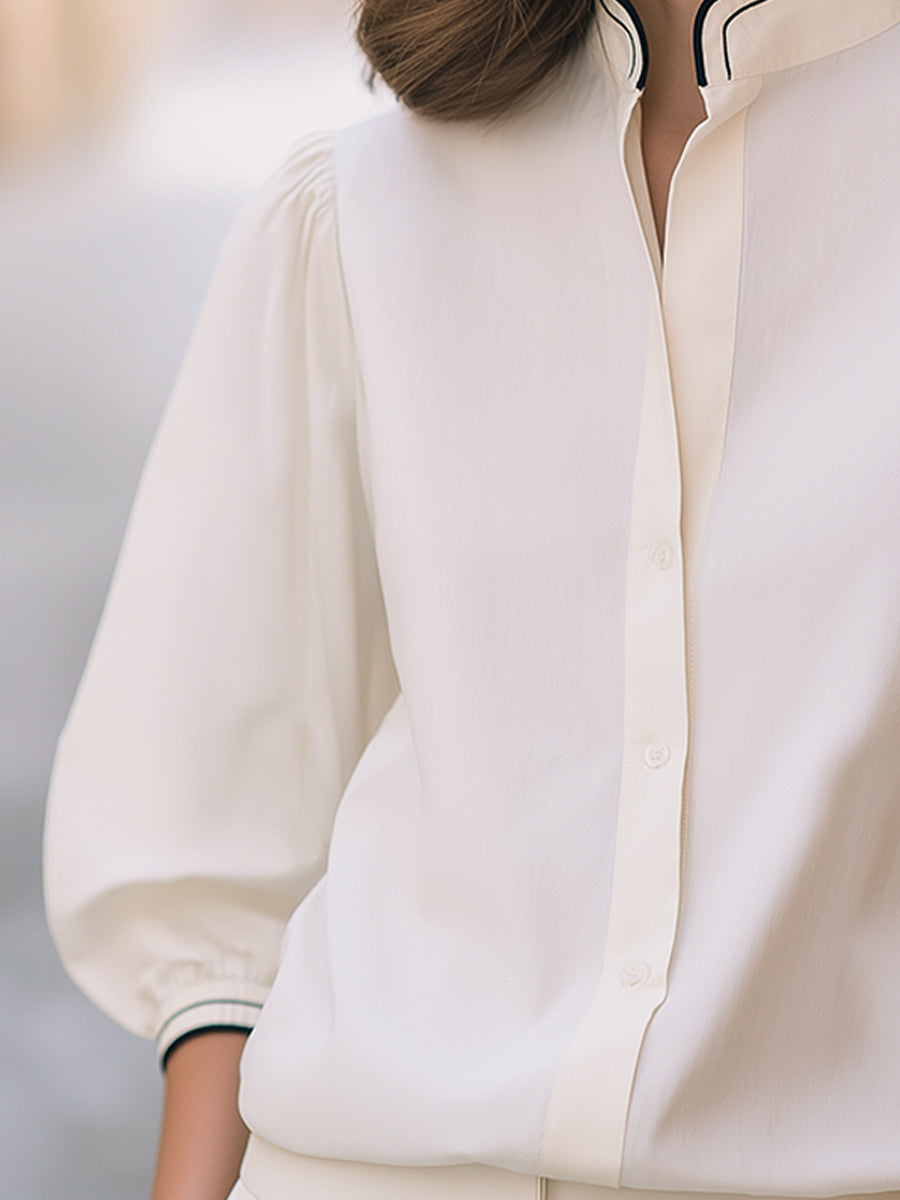 Contrast Piping Mandarin Collar Blouse