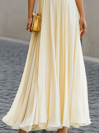 Cold Shoulder Layered Sleeve Chiffon Maxi Dress Flowing Pleats