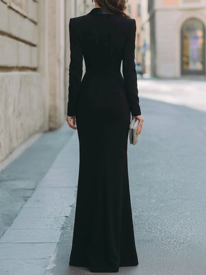 Tuxedo Collar Velvet Gown With Metallic Pleated Panel