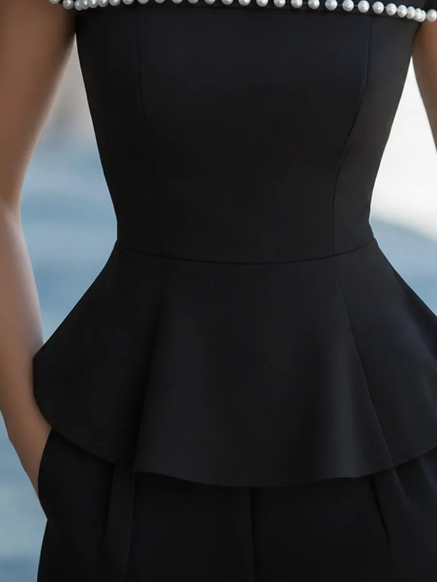 Pearl-Trim Short-Sleeve Structured Peplum Top