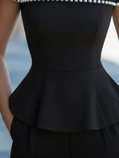 Pearl-Trim Short-Sleeve Structured Peplum Top
