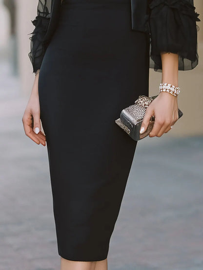 Mesh Ruffle Sleeve Blazer & Round Neck Pencil Midi Dress Two-Piece Set