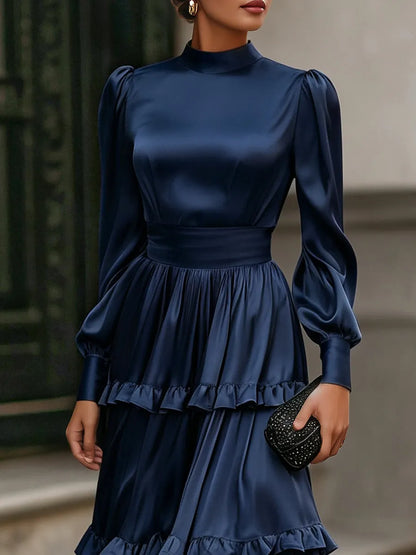 Long Bishop Sleeves Satin Tiered Ruffle Midi Dress