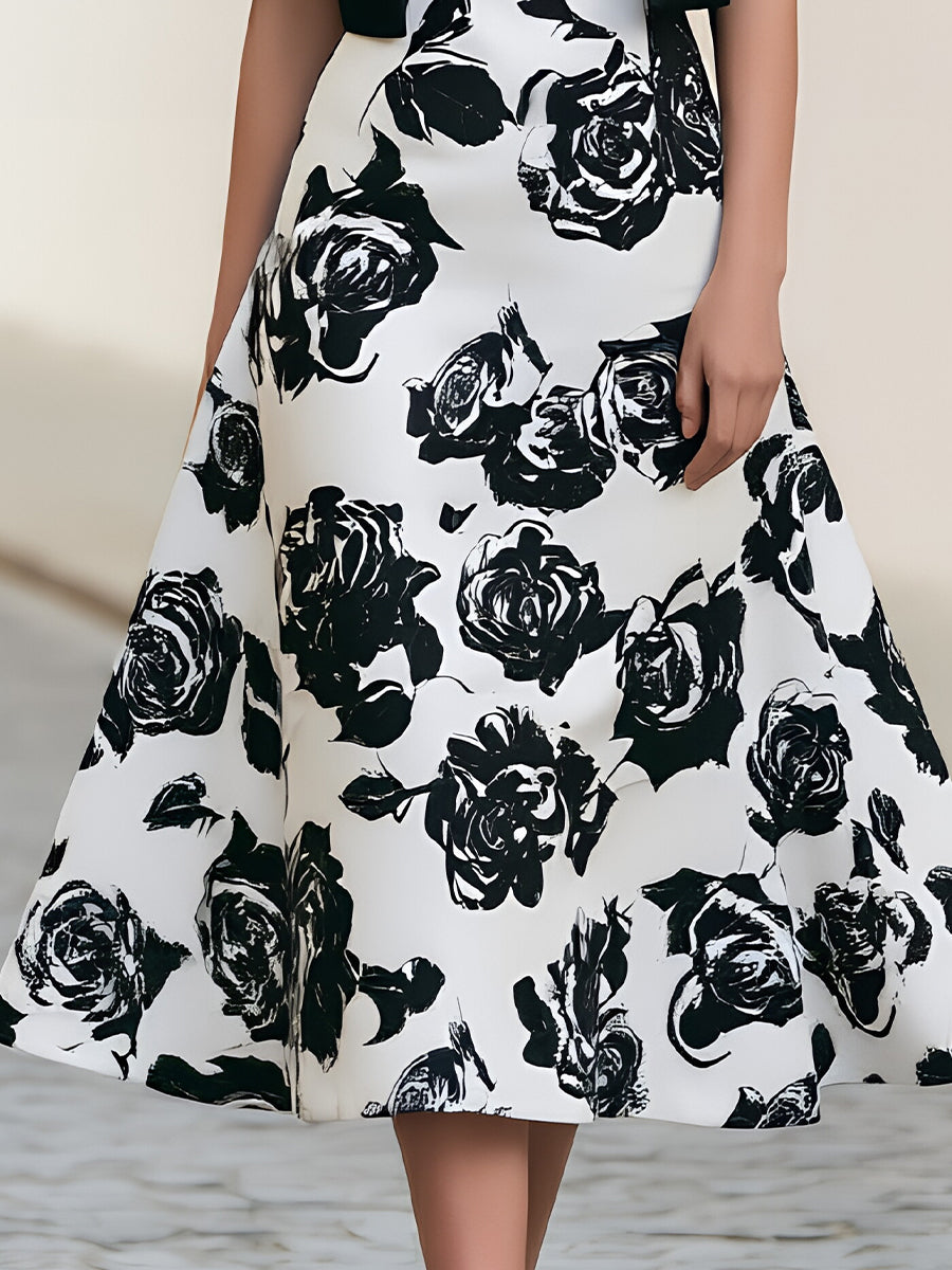 Black Satin Bolero & White Rose Print Strapless Midi Dress Two-Piece Set