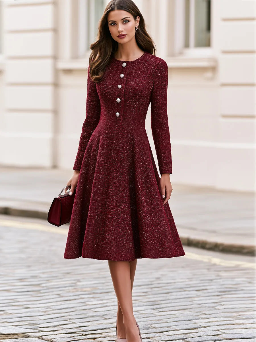 Tweed Round Neck Long Sleeve Fit & Flare Midi Dress