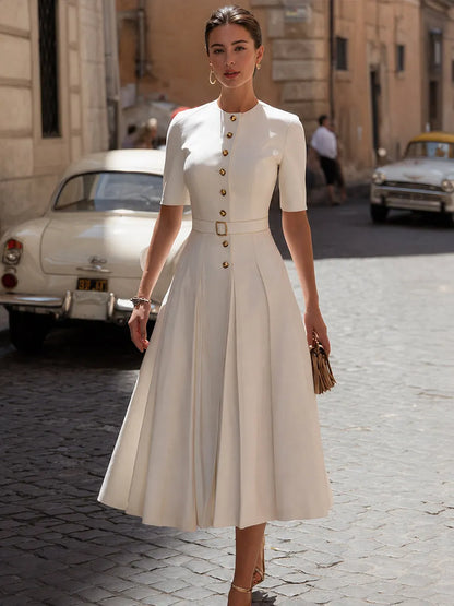 Vintage-Inspired Crepe Midi Dress With Button Front & Belted Waist
