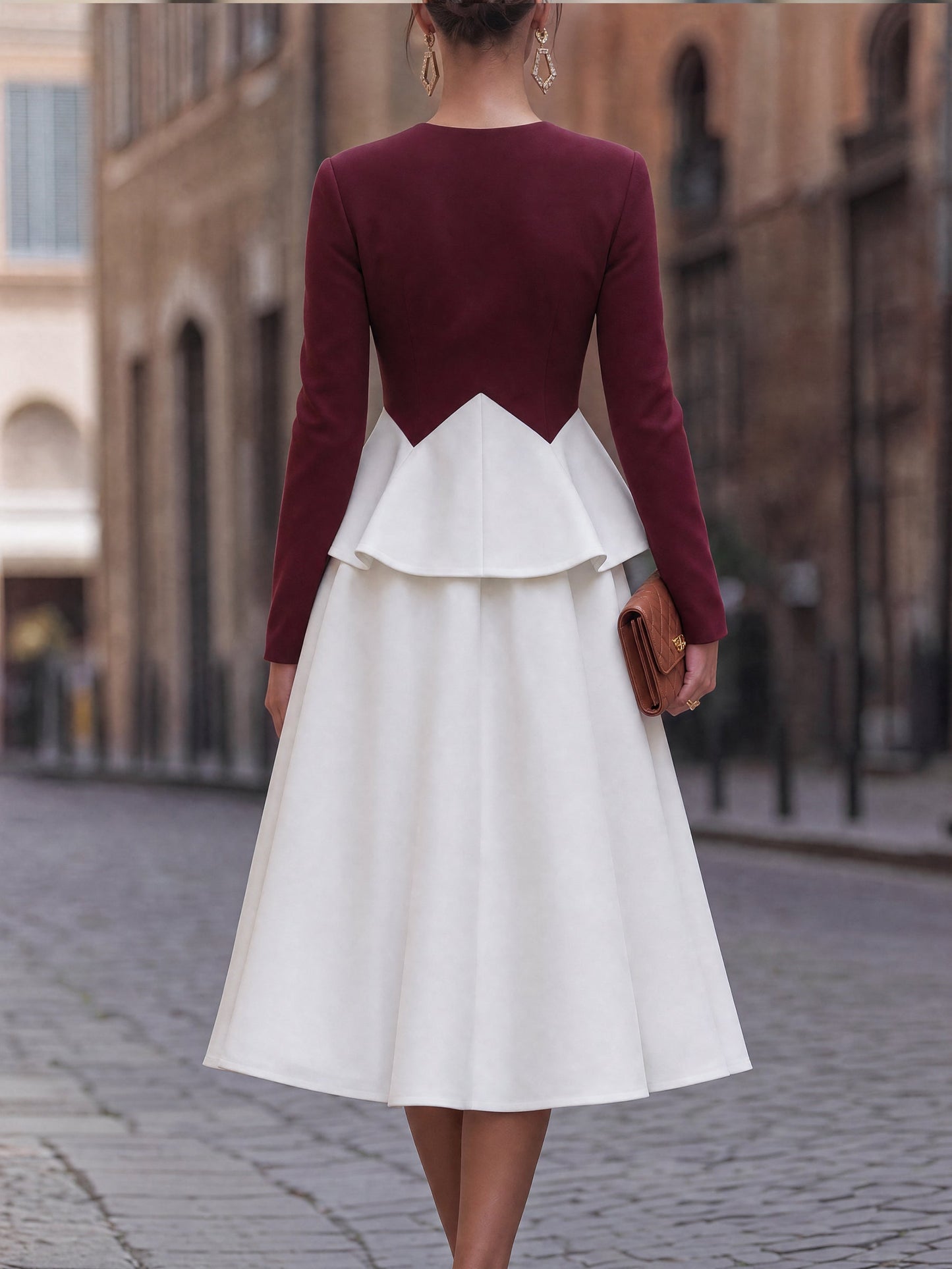 Color-Block Peplum Zip-Front Midi Dress