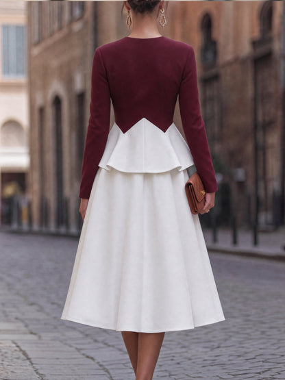 Color-Block Peplum Zip-Front Midi Dress