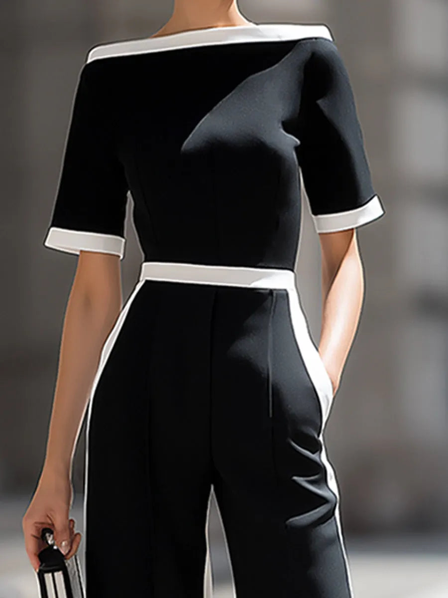Off-Shoulder Contrast Trim Tailored Wide-Leg Jumpsuit