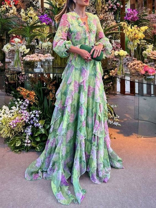 Robe longue élégante fantaisie col V à volants imprimé floral