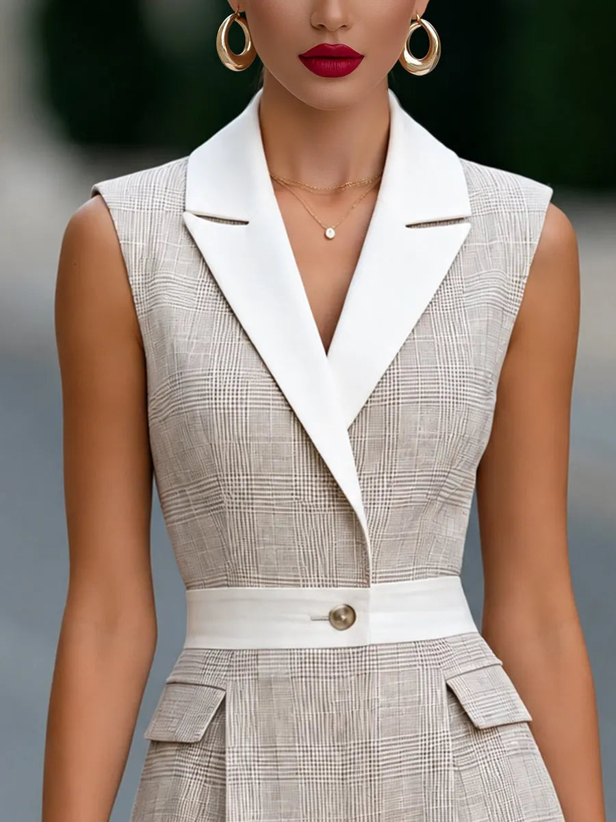 Notched Lapel Tailored Plaid Sleeveless Romper