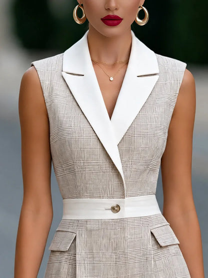 Notched Lapel Tailored Plaid Sleeveless Romper