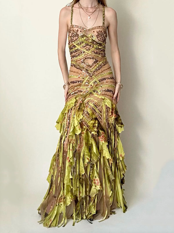 Sequinned Flower Sleeveless Spaghetti-Neck Mermaid Maxi Dresses Fairytale Dress