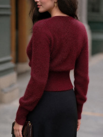 Fuzzy Knit Keyhole Waist-Defined Sweater