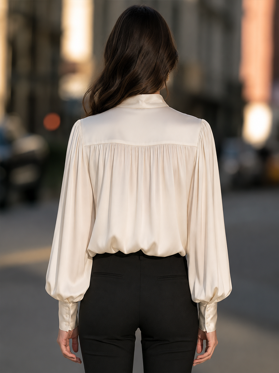 Tie-Neck Yoke-Gathered Balloon Sleeve Satin Blouse