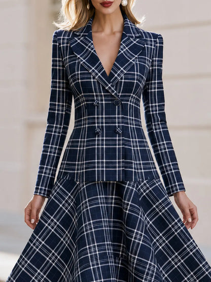 Notched Lapel Double Breasted  Plaid Long Sleeve Fit & Flare Midi Dress
