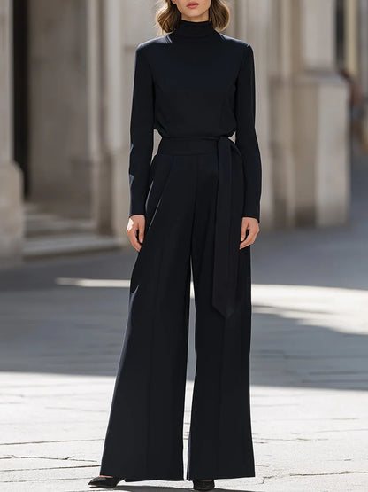 Mock-Neck Top & Wide-Leg Tie-Waist Trousers Two-Piece Set