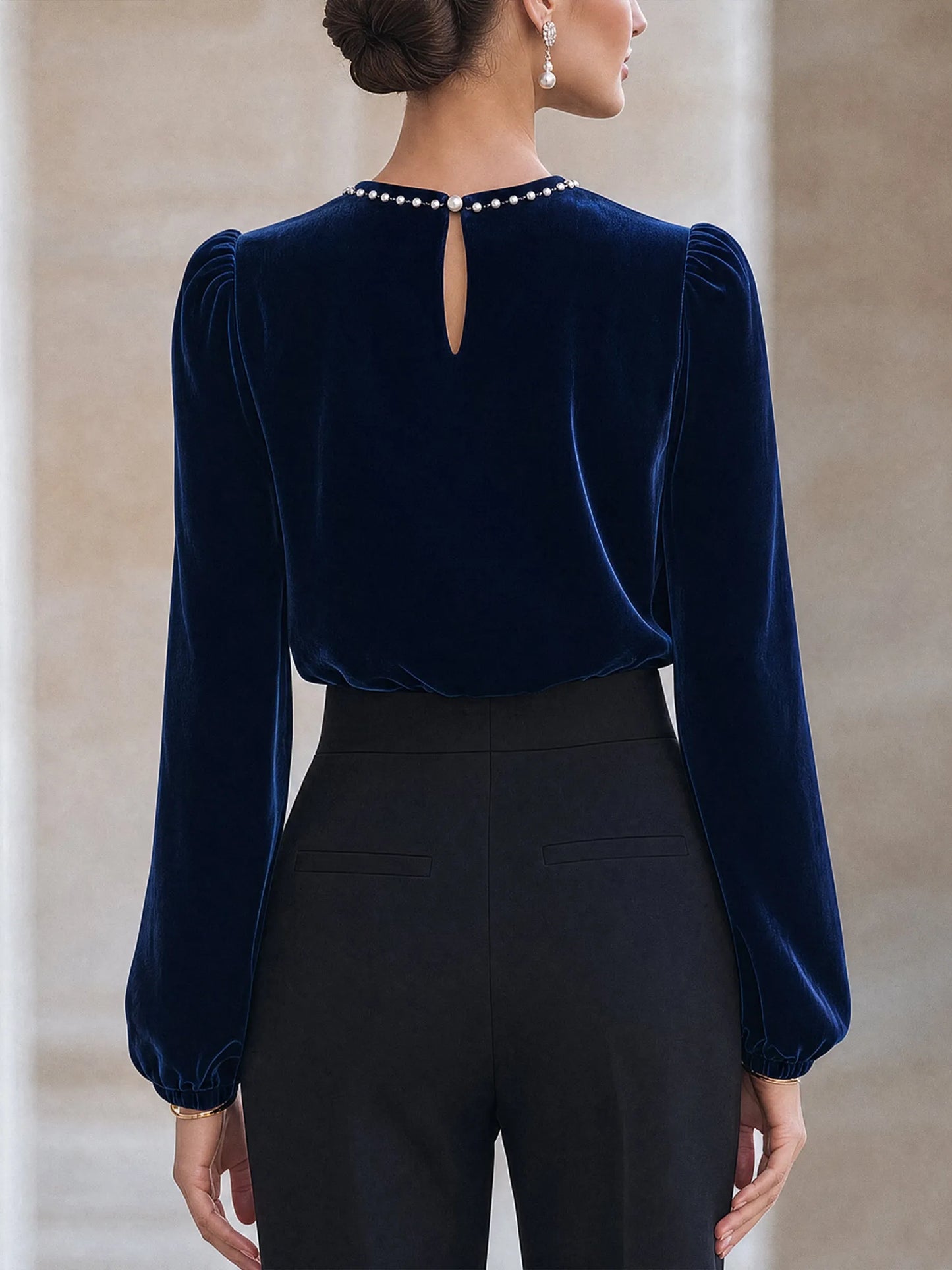 Beaded Neckline Velvet Gathered-Shoulder Top