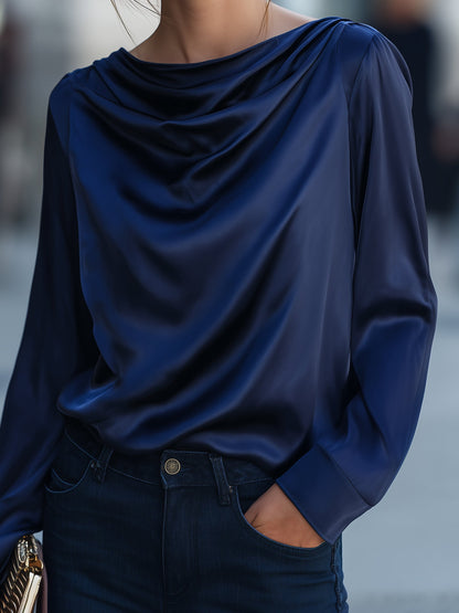Satin Cowl-Neck Draped Long-Sleeve Top