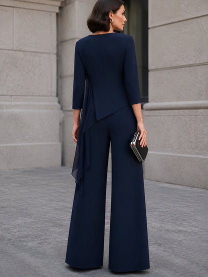 Elegant Navy Asymmetric Layered Wide-Leg Two-Piece Set