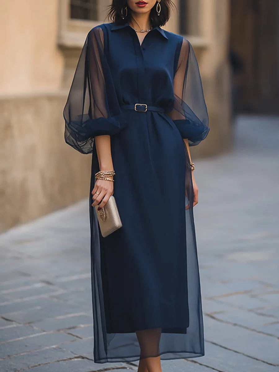 Sheer Organza Sleeve Belted Shirt Midi Dress