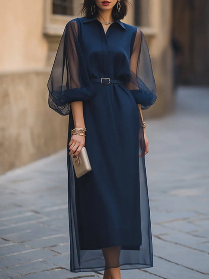 Sheer Organza Sleeve Belted Shirt Midi Dress