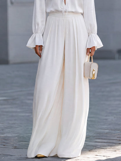 Ruffle Tie-Neck Blouse Wide-Leg  Trousers Two-Piece Set