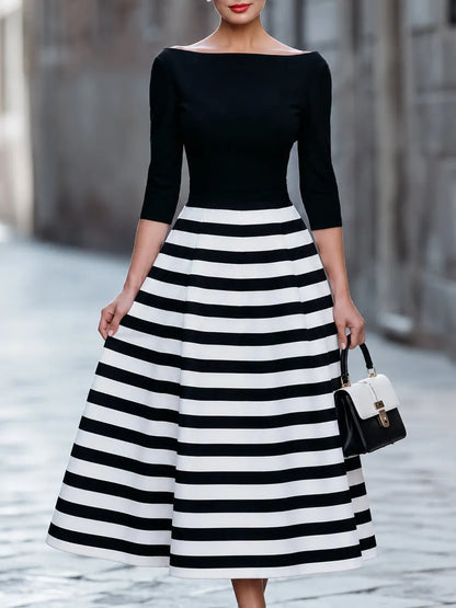 Black And White Striped Boat Neck Midi Dress