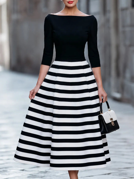 Black And White Striped Boat Neck Midi Dress
