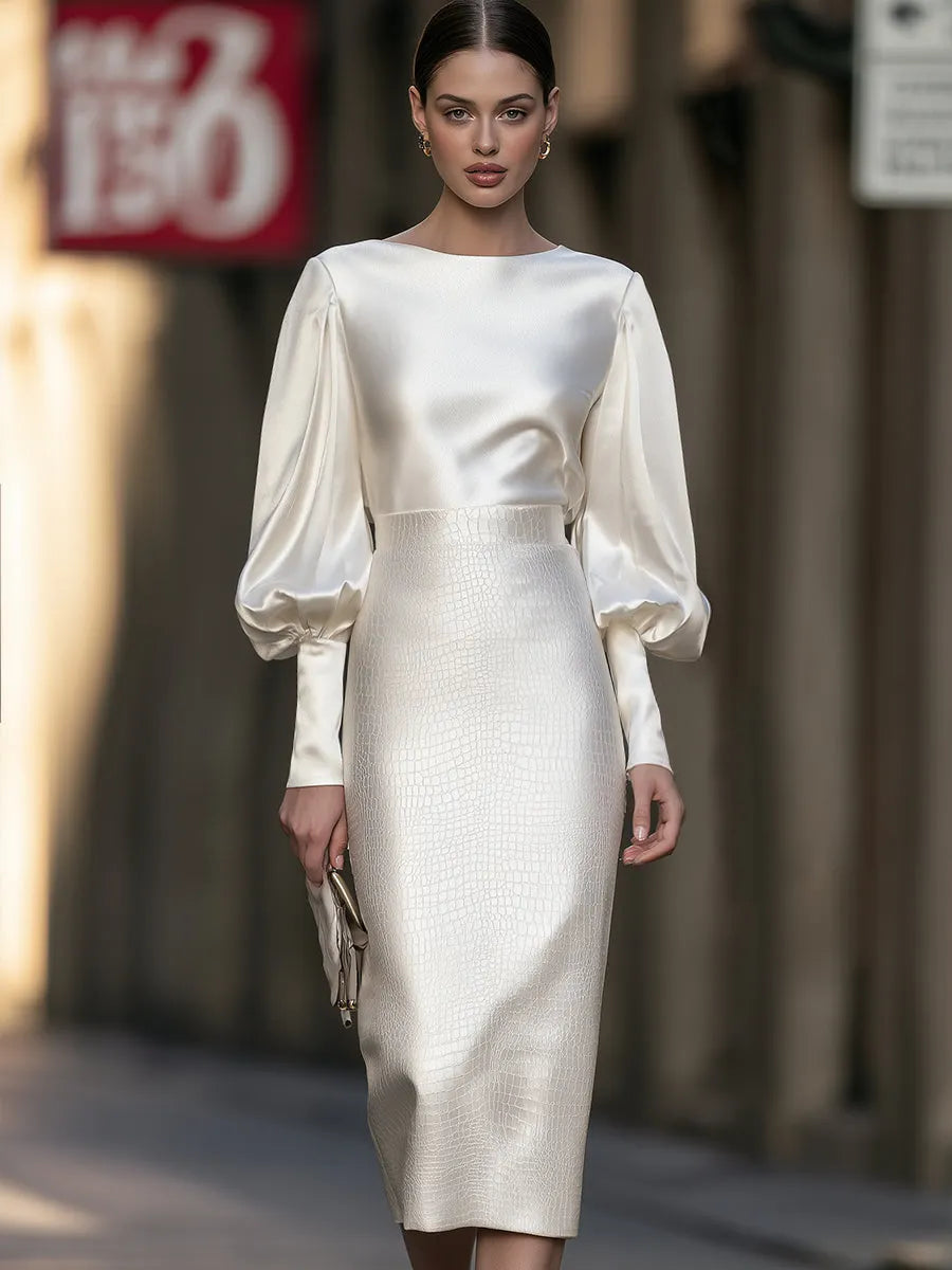 Ivory Satin Puff-Sleeve Top & Crocodile-Embossed Pencil Skirt Two-Piece Set