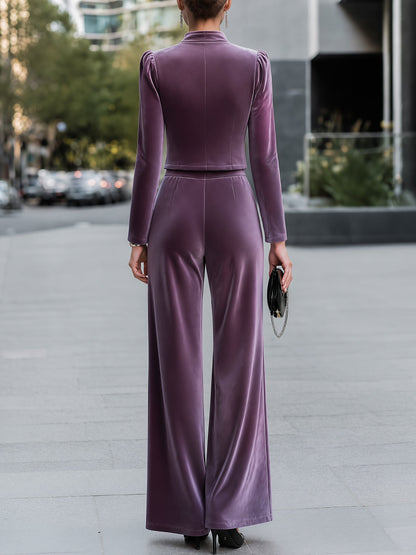 Velvet Button-Front Jacket And Wide-Leg Trouser Set