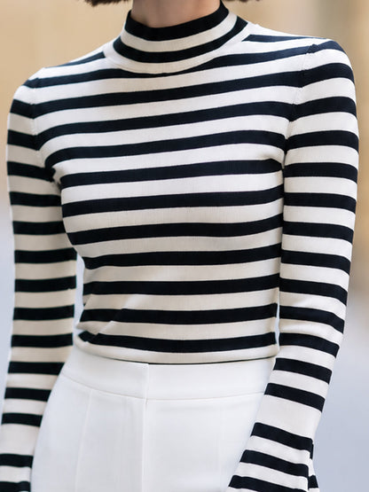 Striped Mock-Neck Bell-Sleeve Knit Top