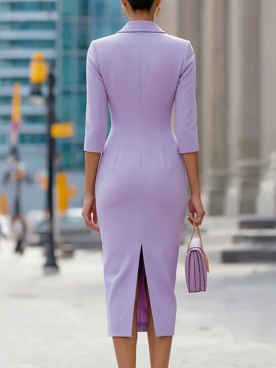 Lavender Blazer-Style Ruched-Waist Midi Pencil Dress