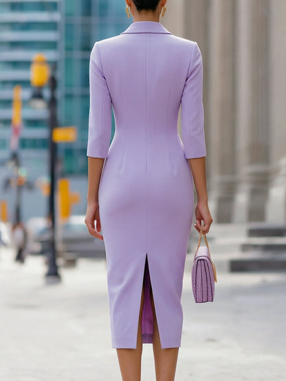 Lavender Blazer-Style Ruched-Waist Midi Pencil Dress