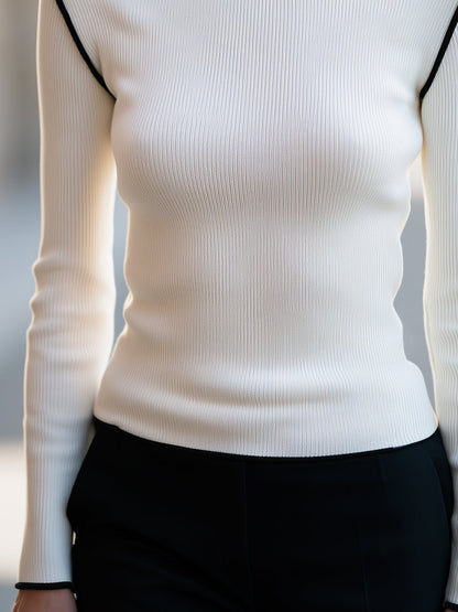 Contrast-Trim Ribbed Boat-Neck Knit Top