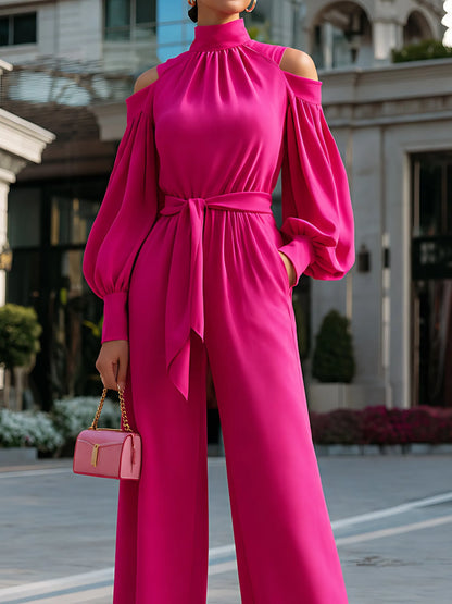 Tie-Waist Cold-Shoulder Wide-Leg Jumpsuit