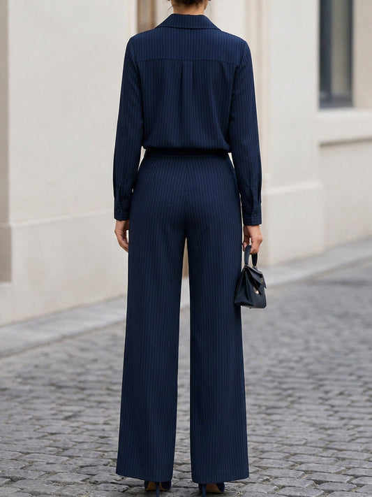 Collared V-Neck Shirt & High Waist Pleated Wide Leg Pants Two-Piece Suit