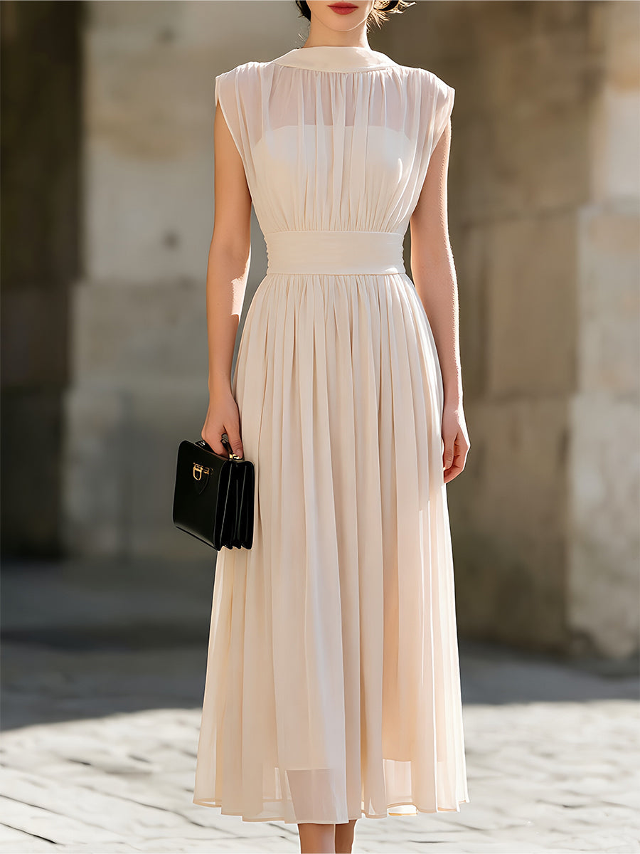 High-Neck Sleeveless Chiffon Pleated Maxi Dress