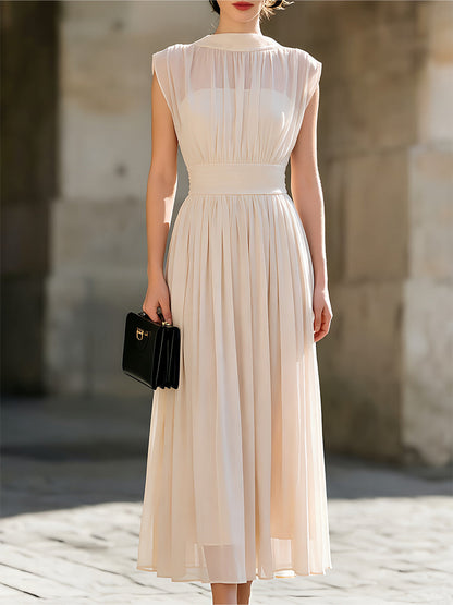 High-Neck Sleeveless Chiffon Pleated Maxi Dress