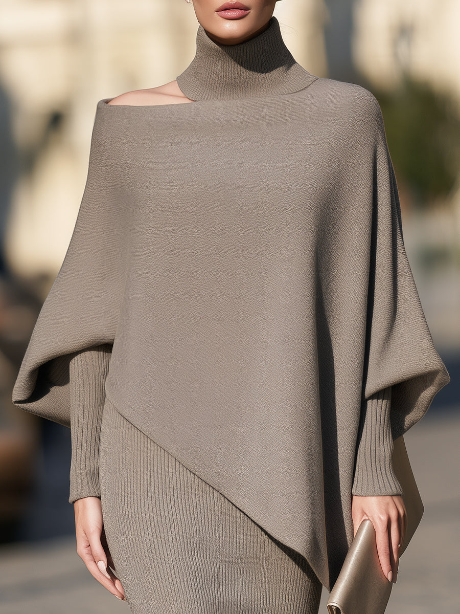 Asymmetric Cape Knit Top Midi Skirt Set