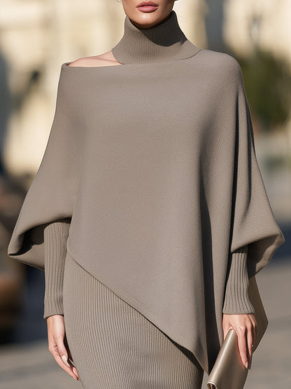 Asymmetric Cape Knit Top Midi Skirt Set