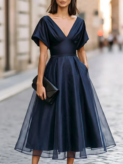 Legant Satin V-Neck Flutter Sleeve Midi Dress In A-Line Silhouette