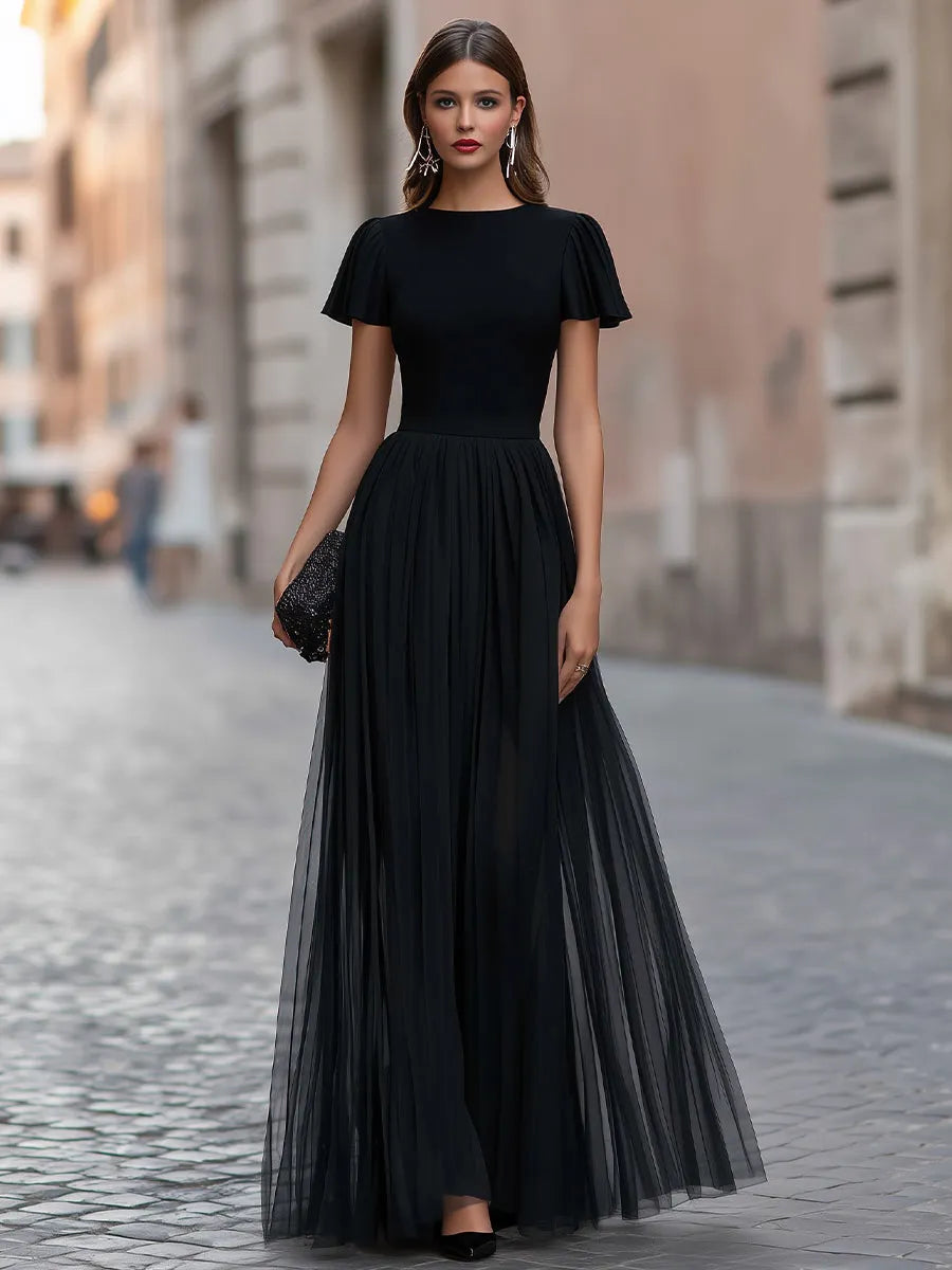 Flutter Sleeve Pleated A-Line Maxi Dress