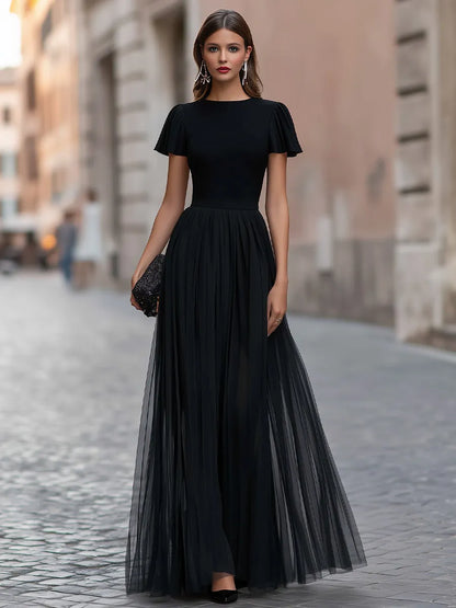 Flutter Sleeve Pleated A-Line Maxi Dress