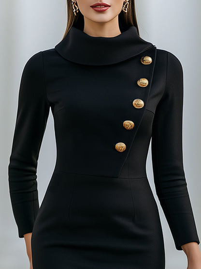 Asymmetric Button Cowl Neck Midi Dress