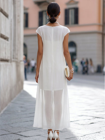 Sheer Overlay Column Maxi Dress With Layered Hem