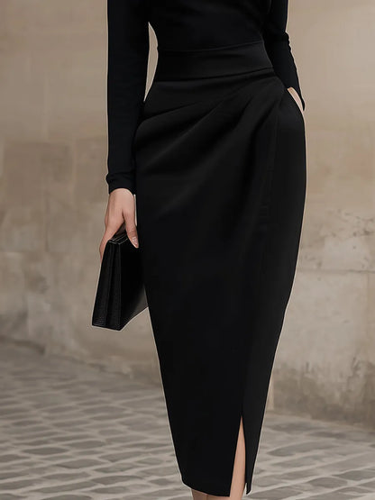 Sleek Black Turtleneck Draped Midi Dress