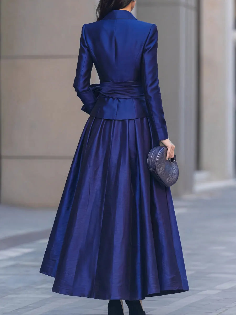 Satin Bow Tie Blazer & Maxi Skirt Two-Piece Set