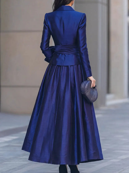 Satin Bow Tie Blazer & Maxi Skirt Two-Piece Set
