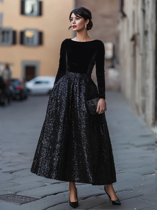 Vestido Longo Maxi Elegante de Veludo Manga Longa com Lantejoulas